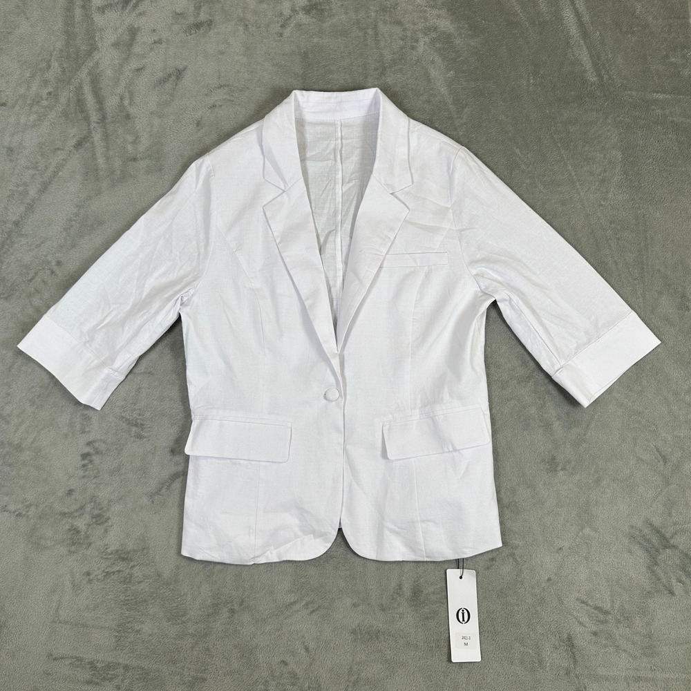NWT White Single Button 3/4 Sleeve Blazer Jacket Lightweight Notched Lapel M